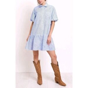 Hunter & Brown Preppy Puff Sleeve Shirt Dress Blue White Stripe Button Front L